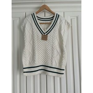 Blue Pepper Ivory Cable Knit Open Side V Neck Sweater Vest Preppy Size M NWT